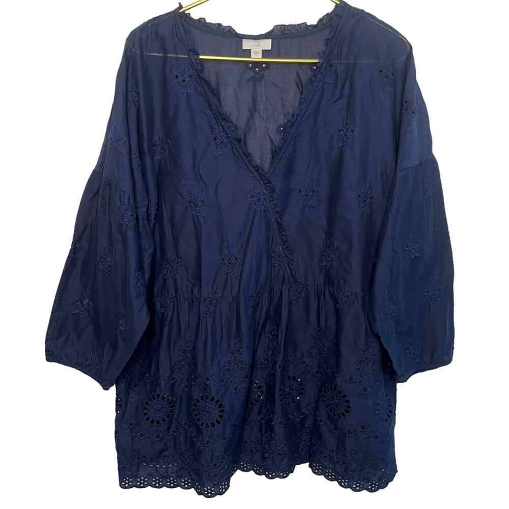 J. Jill Top Tunic Embroidered Eyelet Navy Cotton Blend Large